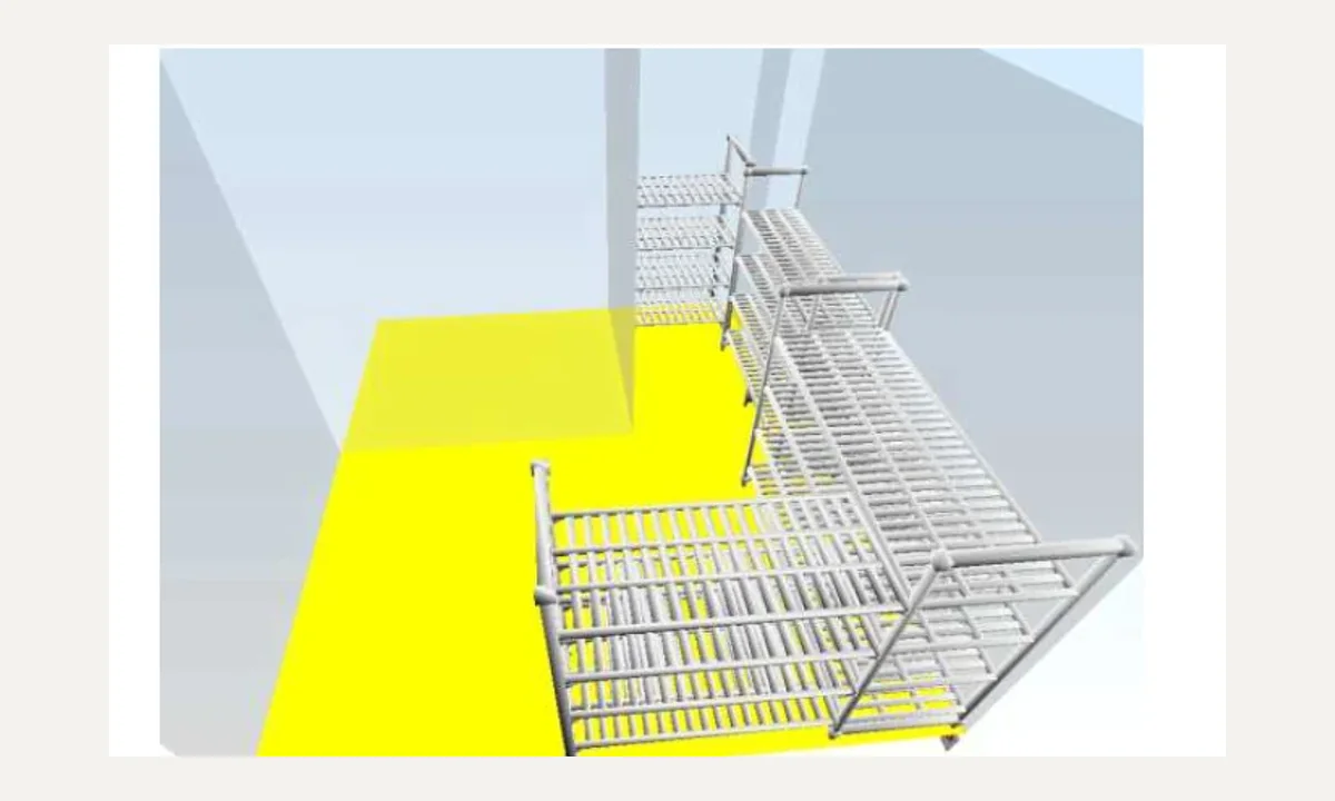 Render 3D de las estanterías propuestas alrededor de los equipos de la cámara